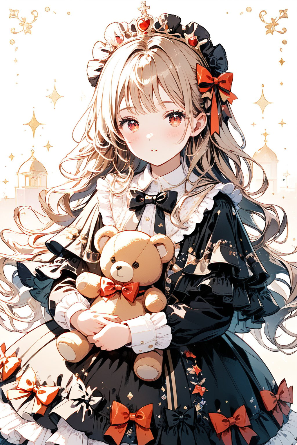 1girl, solo, long hair, looking at viewer, blush, bangs, brown hair, hair ornament, red eyes, long sleeves, dress, bow, holding, closed mouth, hair bow, frills, bowtie, black dress, fur trim, black bow, capelet, watermark, stuffed toy, frilled dress, stuffed animal, crown, box, gift, lolita fashion, teddy bear, orange bow, mini crown, holding stuffed toy