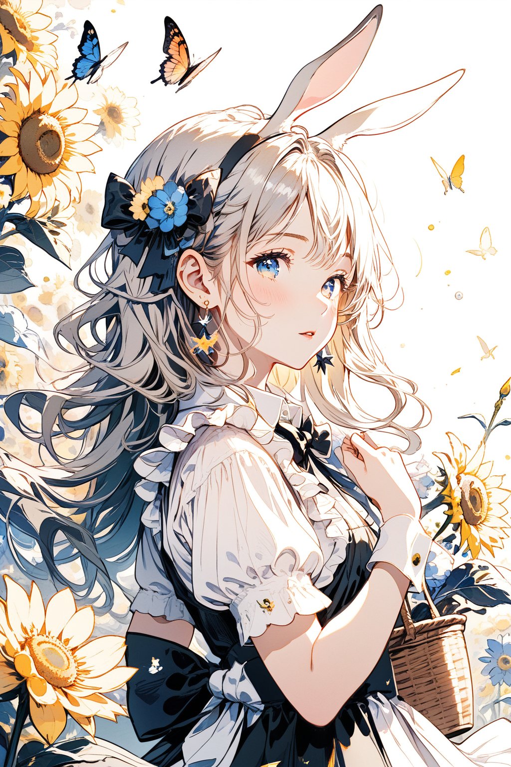 1girl, solo, long hair, looking at viewer, blush, bangs, blue eyes, shirt, hair ornament, long sleeves, dress, bow, animal ears, twintails, jewelry, white shirt, flower, short sleeves, hair bow, grey hair, cowboy shot, earrings, frills, parted lips, puffy sleeves, hair flower, bowtie, rabbit ears, apron, black dress, wrist cuffs, black bow, bug, butterfly, pink flower, blue flower, rabbit, black bowtie, yellow flower, basket