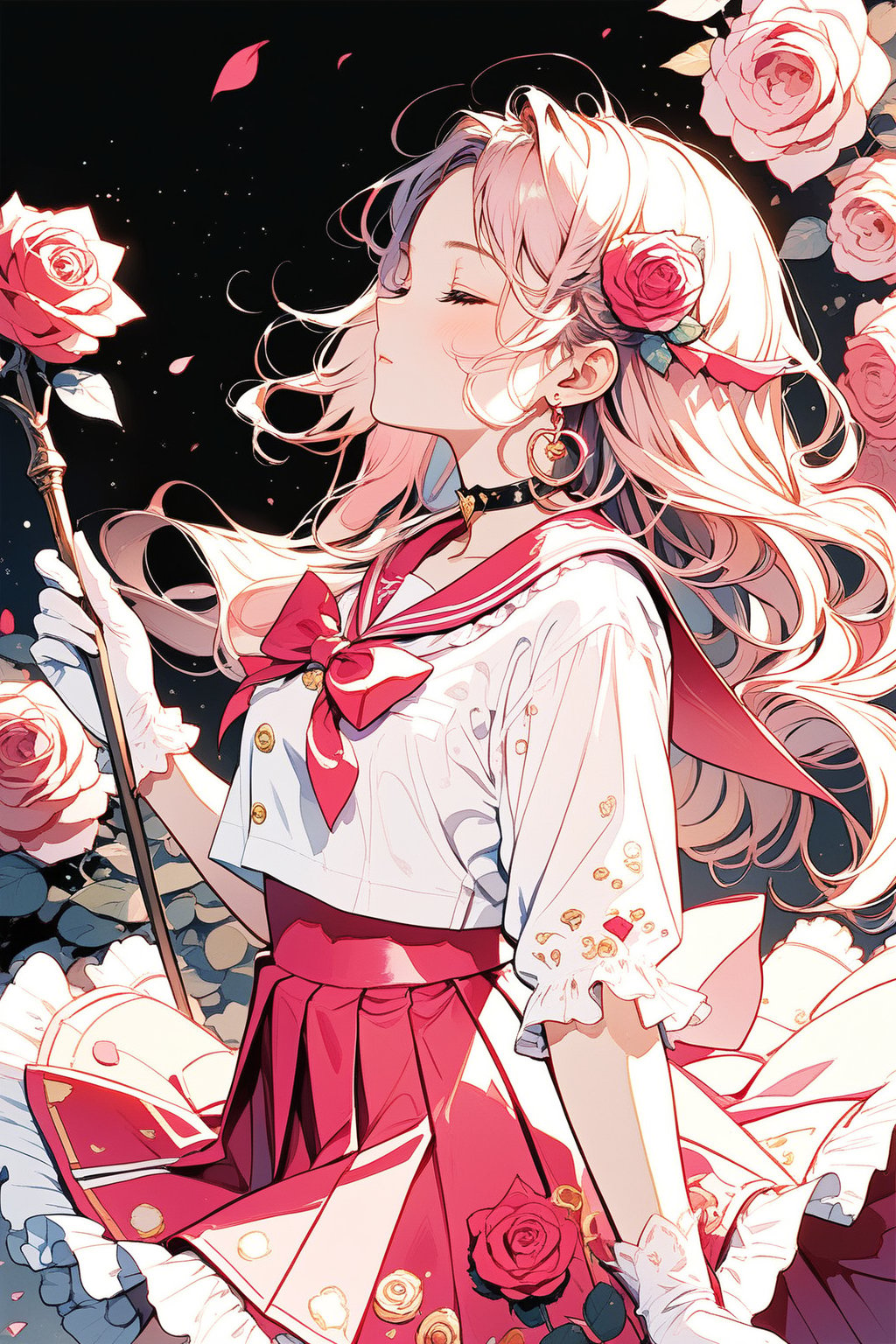 1girl, solo, long hair, skirt, hair ornament, gloves, bow, ribbon, holding, jewelry, closed mouth, closed eyes, pink hair, flower, cowboy shot, earrings, frills, choker, white gloves, sailor collar, petals, rose, magical girl, pink bow, staff, black background, brooch, pink skirt, holding staff, sailor senshi uniform, pink bowtie, pink choker, rose petals, pink sailor collar