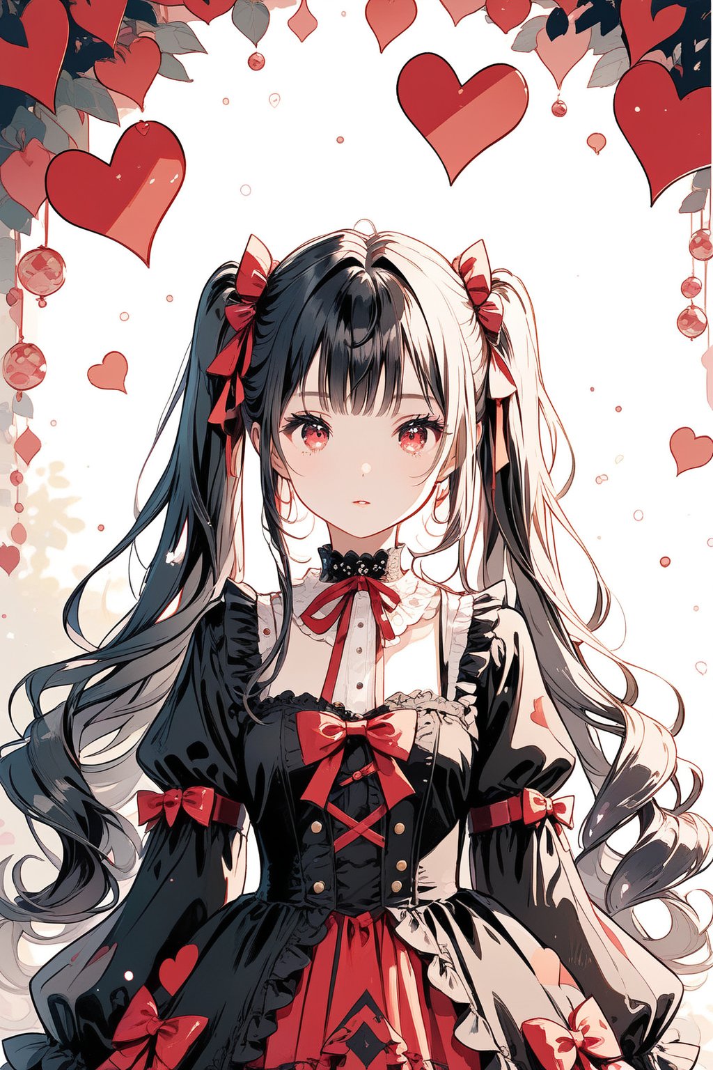 1girl, solo, long hair, looking at viewer, bangs, black hair, hair ornament, red eyes, dress, bow, ribbon, twintails, hair ribbon, hair bow, heart, frills, choker, blurry background, lolita fashion, card, gothic lolita