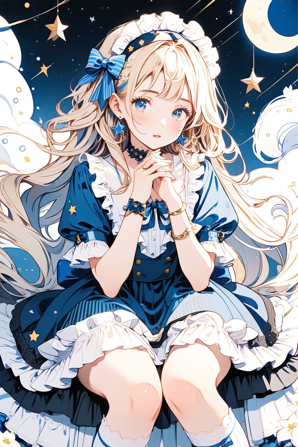 1girl, solo, long hair, looking at viewer, blush, bangs, blue eyes, blonde hair, dress, bow, ribbon, jewelry, very long hair, braid, short sleeves, hairband, earrings, frills, parted lips, choker, socks, striped, blunt bangs, star \(symbol\), nail polish, twin braids, english text, wrist cuffs, kneehighs, blue dress, blue bow, frilled dress, own hands together, white bow, blue ribbon, lace trim, lace, blue nails, lolita fashion, striped bow, lolita hairband, dress bow, frilled socks