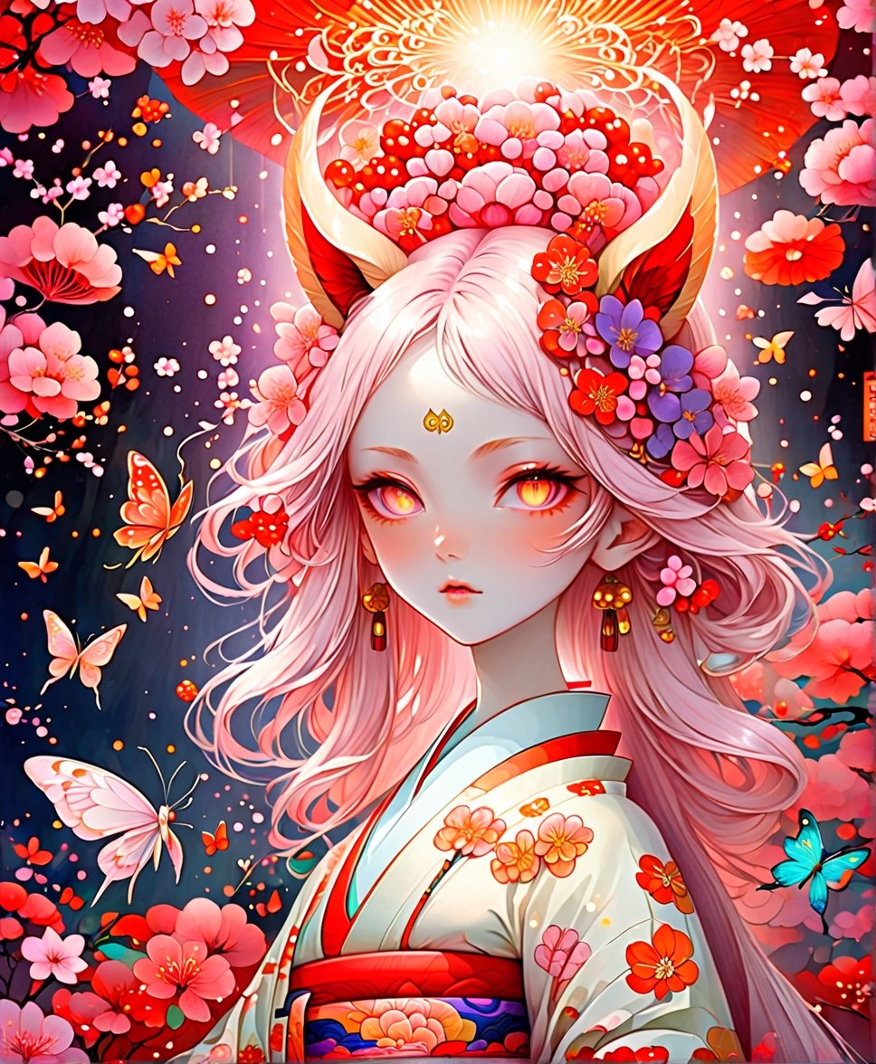 Black and white line drawing, 8k high resolution, ultra-high resolution picture quality, mysterious and weird atmosphere, masterpiece, boutique, aesthetic, 1girl, solo, sexy, 20-year-old woman, demon fox, vixen, butterfly hair accessories, long colored hair, nudity Shoulders, coquettish and sexy close-fitting kimono, kimono with blooming cherry blossom pattern, tiptoes, purple eyes, night, there are many cherry blossoms around, sparkling light spots, huge torii shrine, glowing fireflies, beautiful woman, Simple watercolor background (center), very detailed,japan,glitter