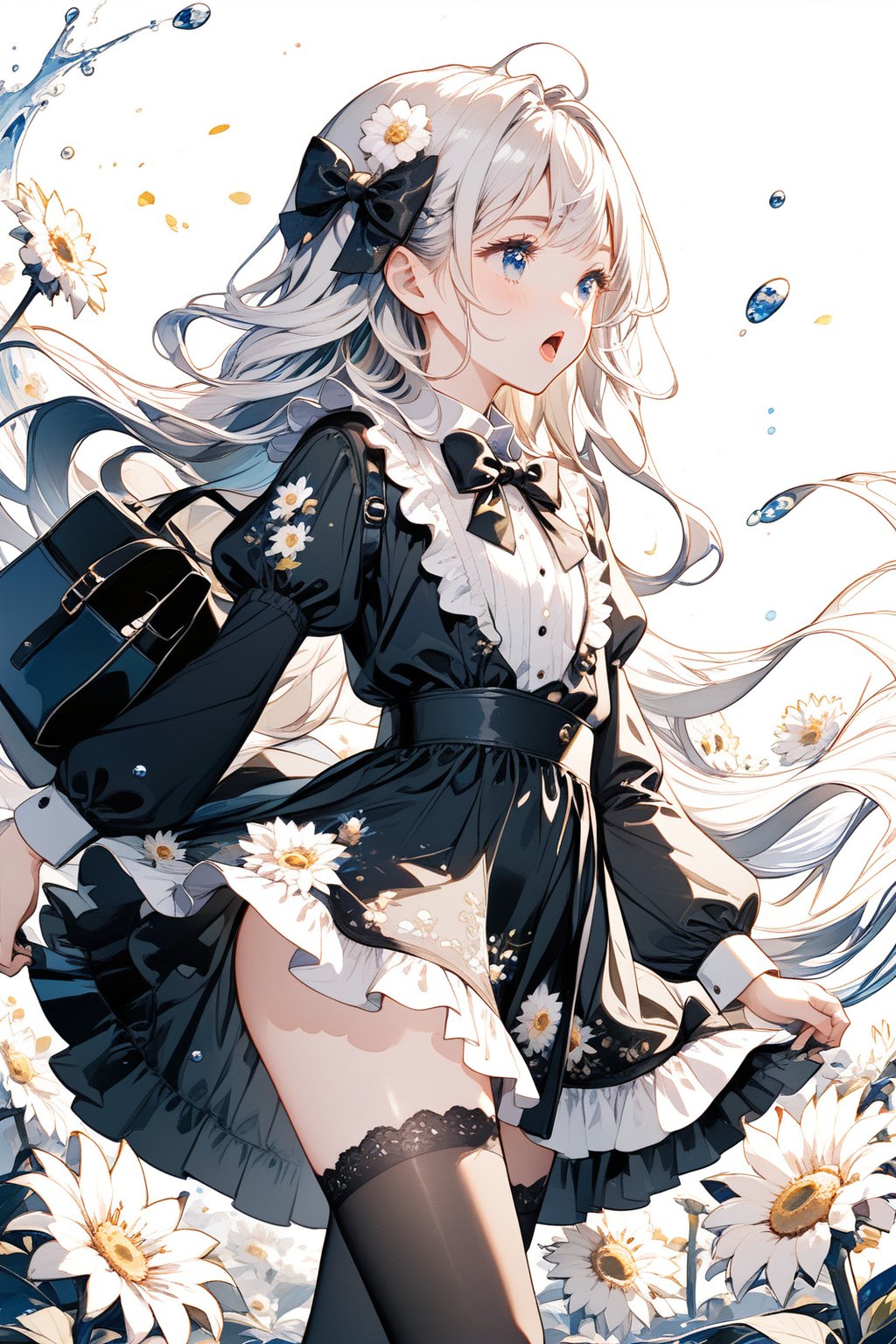 1girl, solo, long hair, open mouth, bangs, blue eyes, hair ornament, thighhighs, long sleeves, dress, bow, holding, very long hair, flower, white hair, hair bow, grey hair, puffy sleeves, hair flower, bowtie, bag, black dress, black bow, watermark, white flower, puffy long sleeves