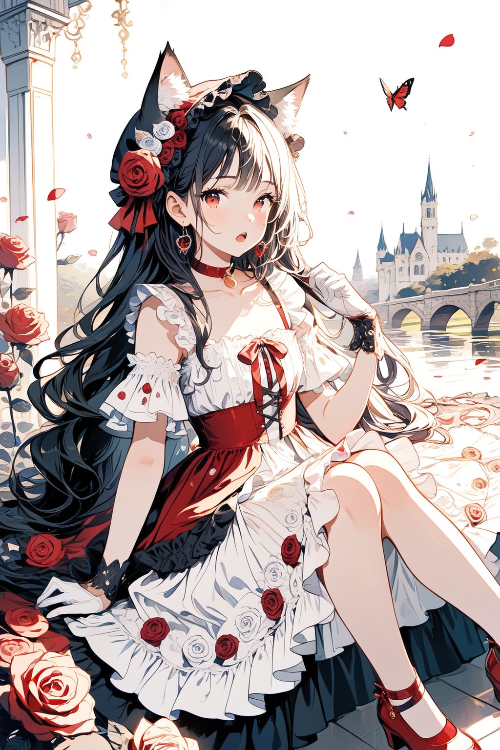 1girl, solo, long hair, looking at viewer, blush, open mouth, bangs, blue eyes, hair ornament, hat, dress, bow, holding, animal ears, sitting, full body, flower, white hair, frills, cat ears, hair flower, english text, animal ear fluff, rose, floral print, bug, white flower, butterfly, lolita fashion, white rose
1girl, solo, long hair, looking at viewer, bangs, black hair, hair ornament, red eyes, gloves, dress, ribbon, holding, twintails, jewelry, sitting, full body, flower, short sleeves, earrings, frills, choker, white gloves, hair flower, white dress, english text, petals, rose, frilled dress, bug, white flower, red flower, butterfly, red footwear, red rose, red choker, white rose