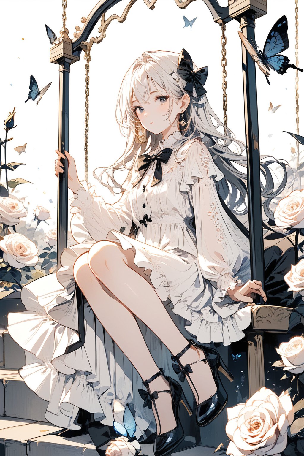 1girl, solo, long hair, looking at viewer, bangs, hair ornament, long sleeves, dress, bow, jewelry, sitting, closed mouth, full body, flower, white hair, hair bow, earrings, black footwear, white dress, blurry, high heels, grey eyes, black bow, bug, white flower, butterfly, stairs, white rose, swing