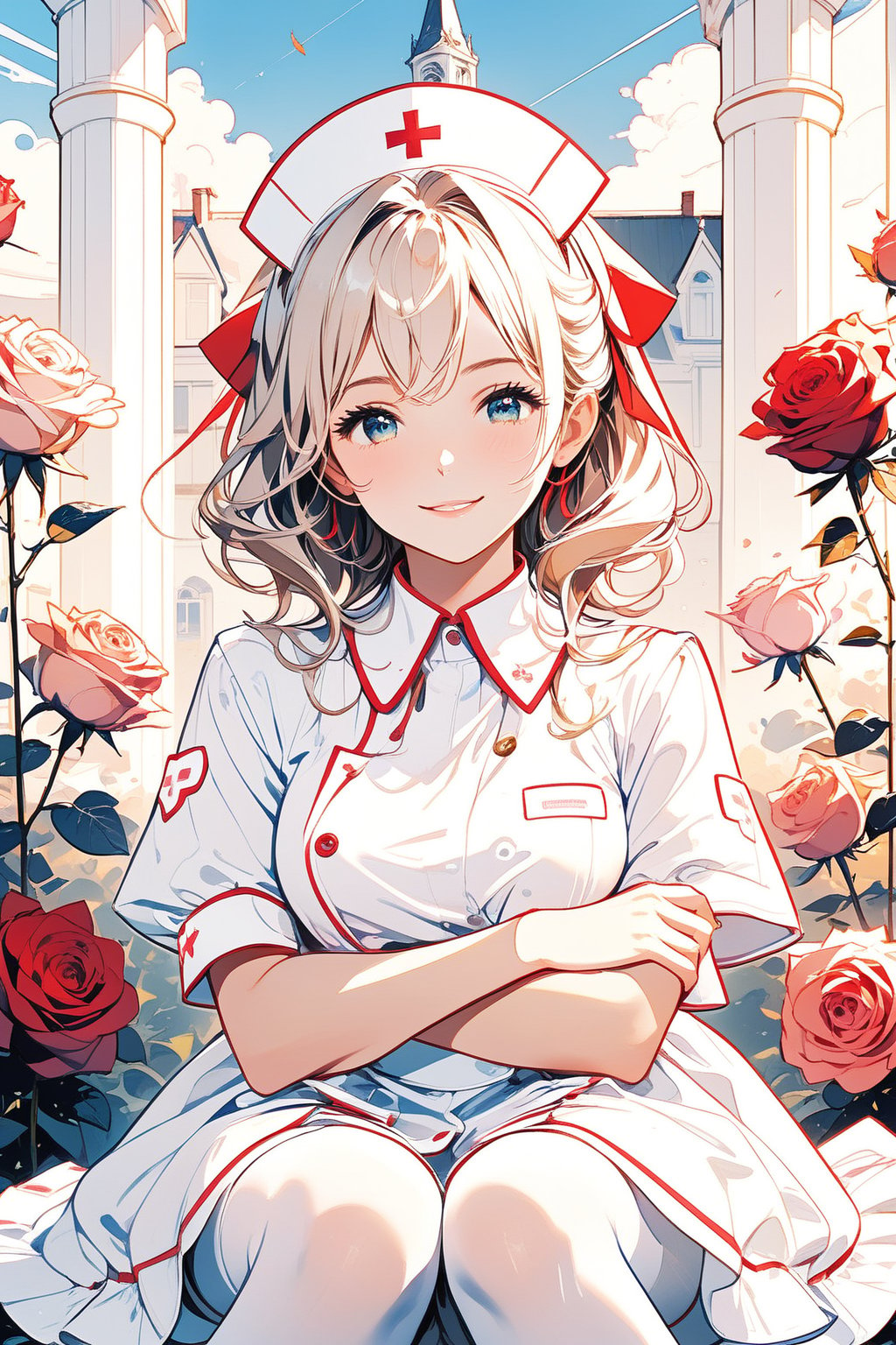 Masterpiece, Top Quality, 1 girl, gentle smile, mature, stylish nurse outfit, red ribbon, white bag, hands crossed in front of body, demure, graceful, white stockings, white nurse shoes, wide blue sky, English garden, roses, high definition, portrait, striking light, high contrast, composition from front,breakdomain,masterpiece