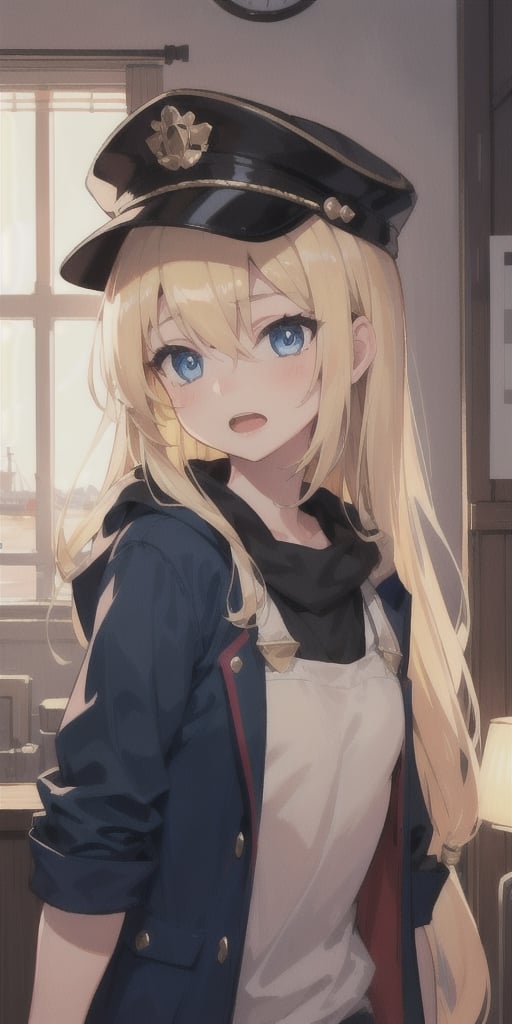 1girl, solo, long hair, open mouth, bangs, blue eyes, blonde hair, hat, hair between eyes, upper body, indoors, looking to the side, shipyard