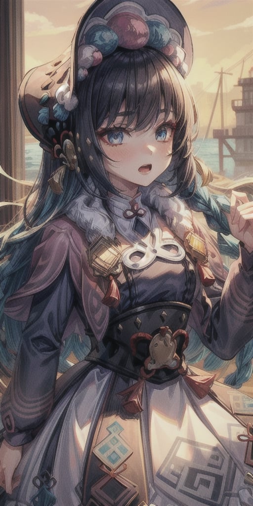 1girl, solo, long hair, open mouth, bangs, blue eyes, blonde hair, hat, hair between eyes, upper body, indoors, looking to the side, shipyard,yunjindef,makimav1