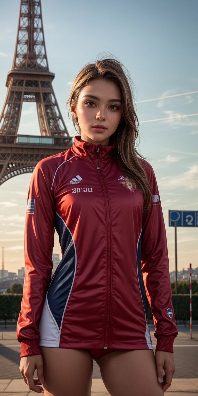 A stunning female athlete, dressed in a sleek Norway volleyball team uniform, stands confidently before the camera, her gaze directly addressing the viewer. Soft golden light illuminates her radiant features, set against the iconic Eiffel Tower backdrop, symbolizing the 2024 Paris Olympic Games.