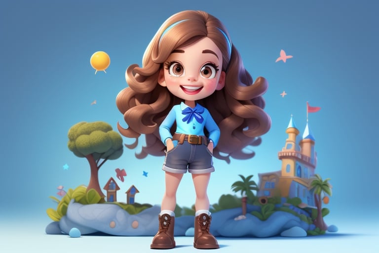 a little girl , Long wavy hair parted in the middle tied with a blue bow , brown eyes , white_blouse_long_sleeve , shorts_blue_jean , Mid-length white socks , Short brown boots with laces , disney pixar style ,smile , standing_up