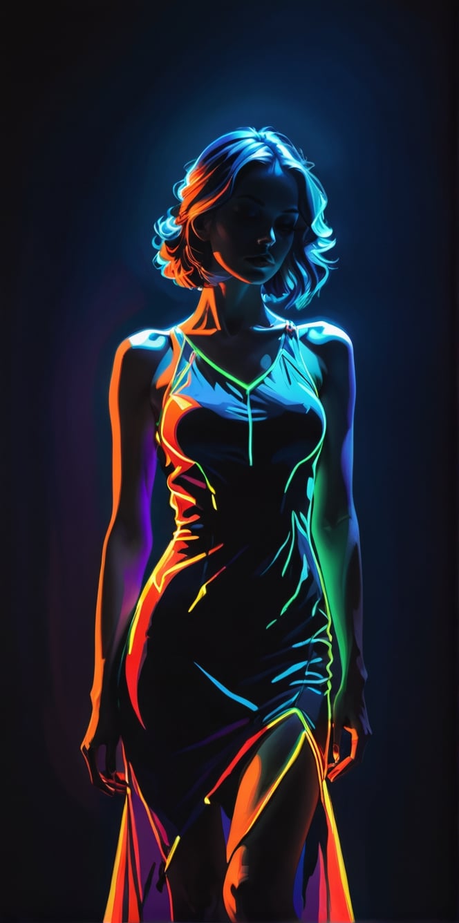 Silhouette of woman , neon light dress illuminates her body in shadow, in the style of coloring book comic, upper body covered in dark shadows, full body, raw hand drawn style, cinematic, photo,(best quality