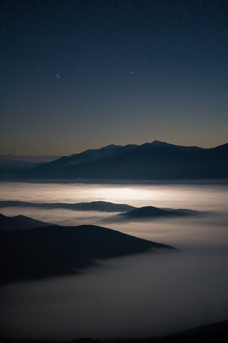 Above the sea of ​​clouds, the starry sky shines brightly like the mist in the night.
The mountains are winding and intertwined, and the lake light reflects the cold moonlight.