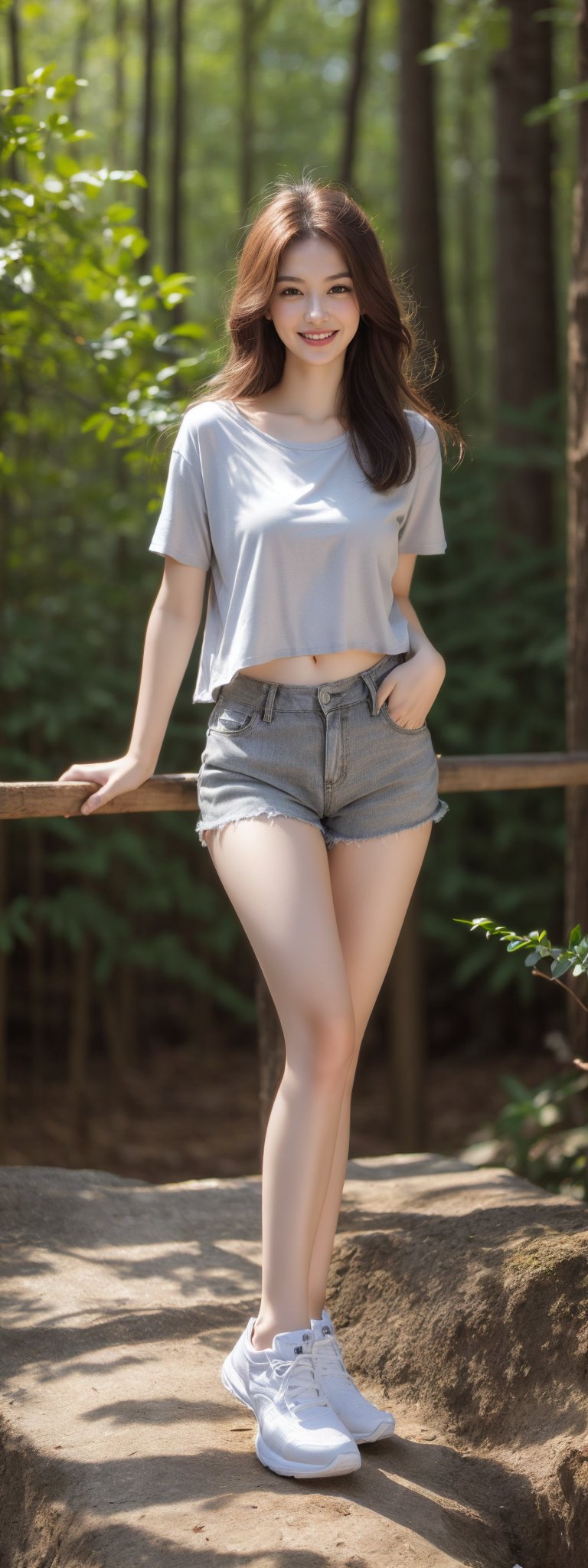 masterpiece, best quality, Surreal, Ultra Detailed, 8k resolution, RAW photos, Clear focus, (A girl in the forest), ((light gray shirt:1.1)), Short sleeve, sports Shorts,Full body posture, Solitary, Perfect body, Become a, 32 inches in the chest,(a charming smile:1), (sexy pose),26 years old, light,White shoes