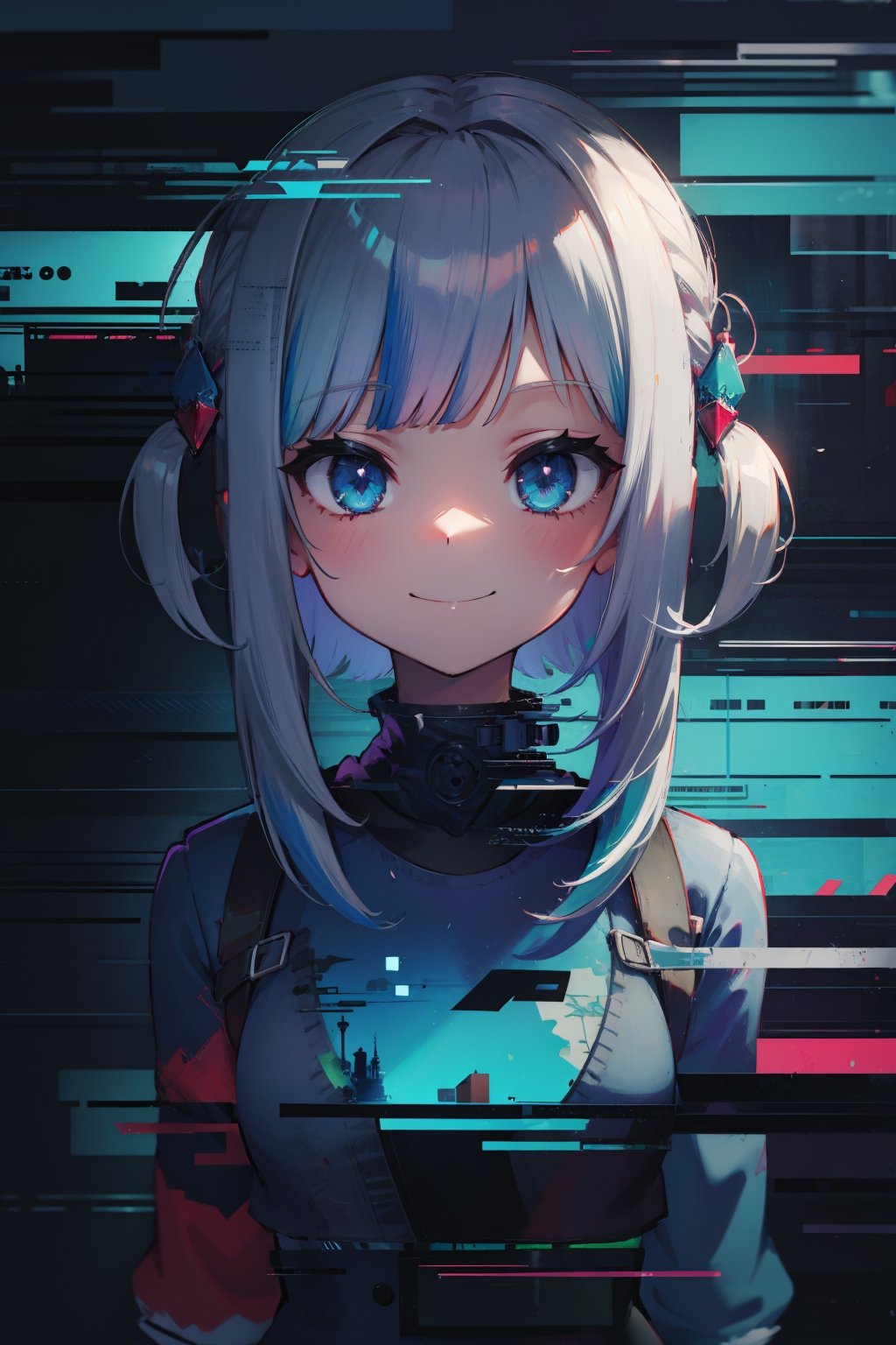 1girl,Glitching, glitch,gawr gura,upper 
 body,smile,,masterpiece, high quality, best quality, highres,