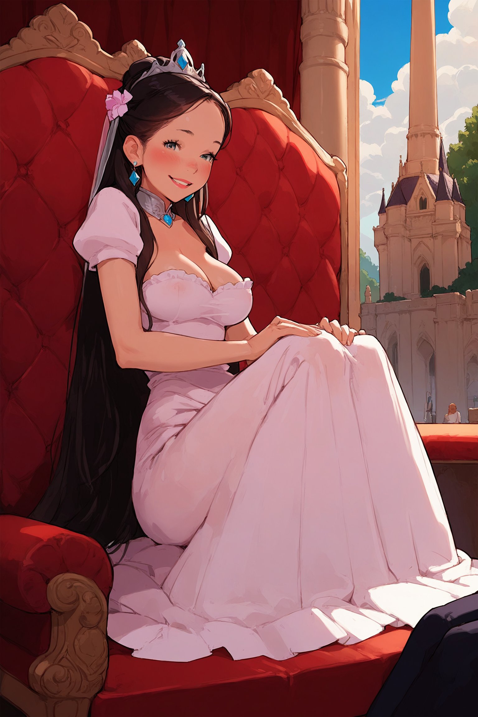 score_9,score_8_up,score_7_up,source_anime,rating_explicit, princess dress, palace, deep cleavage, smile