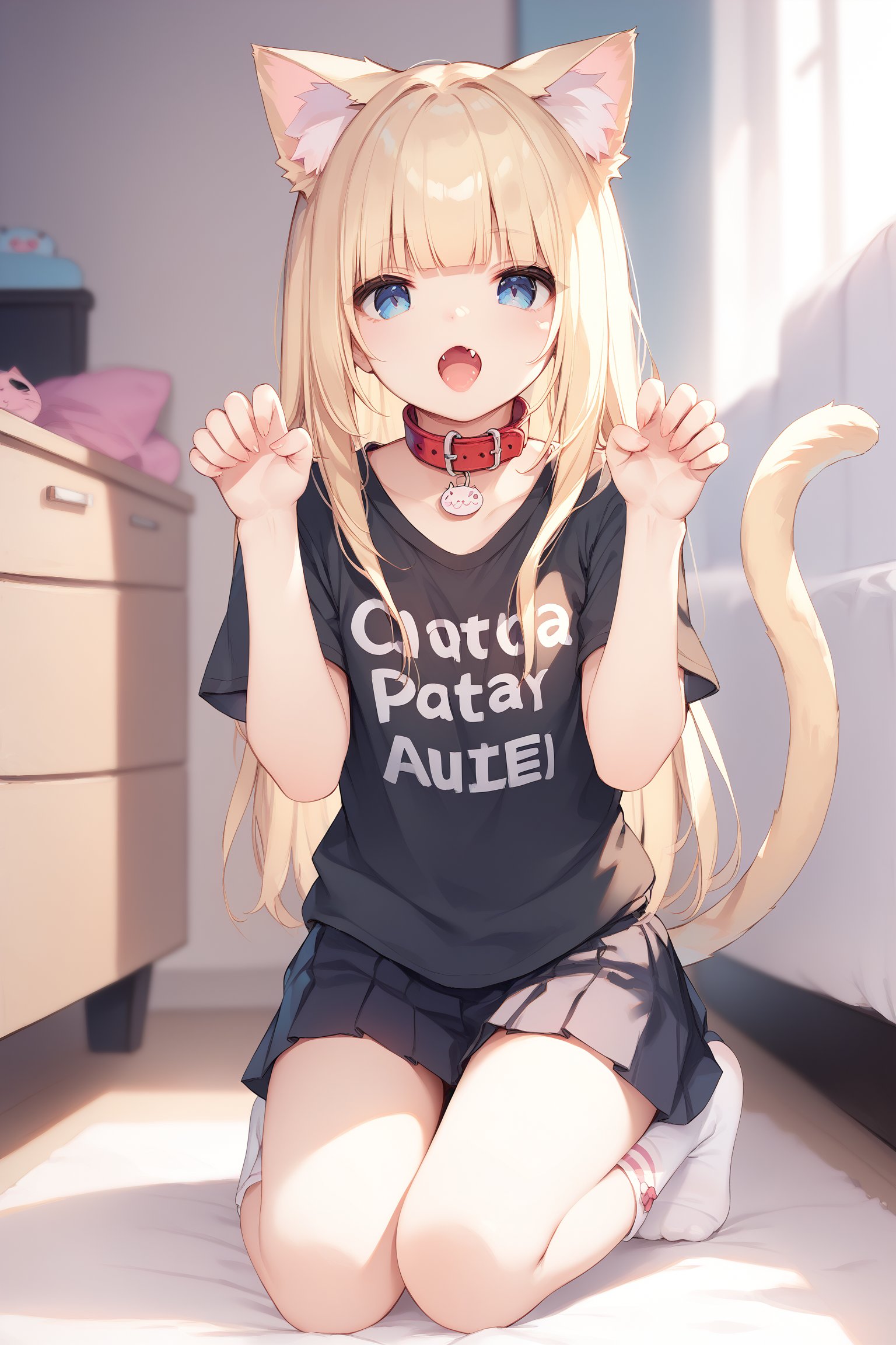 score_9,score_8_up,score_7_up,ClrSkt, 1girl, :o, animal collar, animal ear fluff, animal ears, socks, blonde hair, blue eyes, blunt bangs, cat ears, cat girl, cat tail, clothes writing, collar, fang, kneeling, long hair, looking at viewer, open mouth, red collar, shirt, solo, t-shirt, tail, indoors, paw pose, skirt