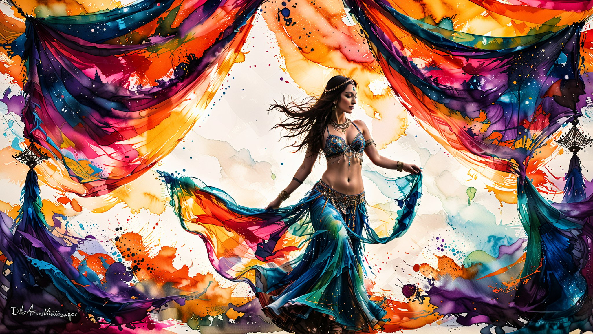 white women belly dancer harem tent colourful dreamscape,Ink art,ink