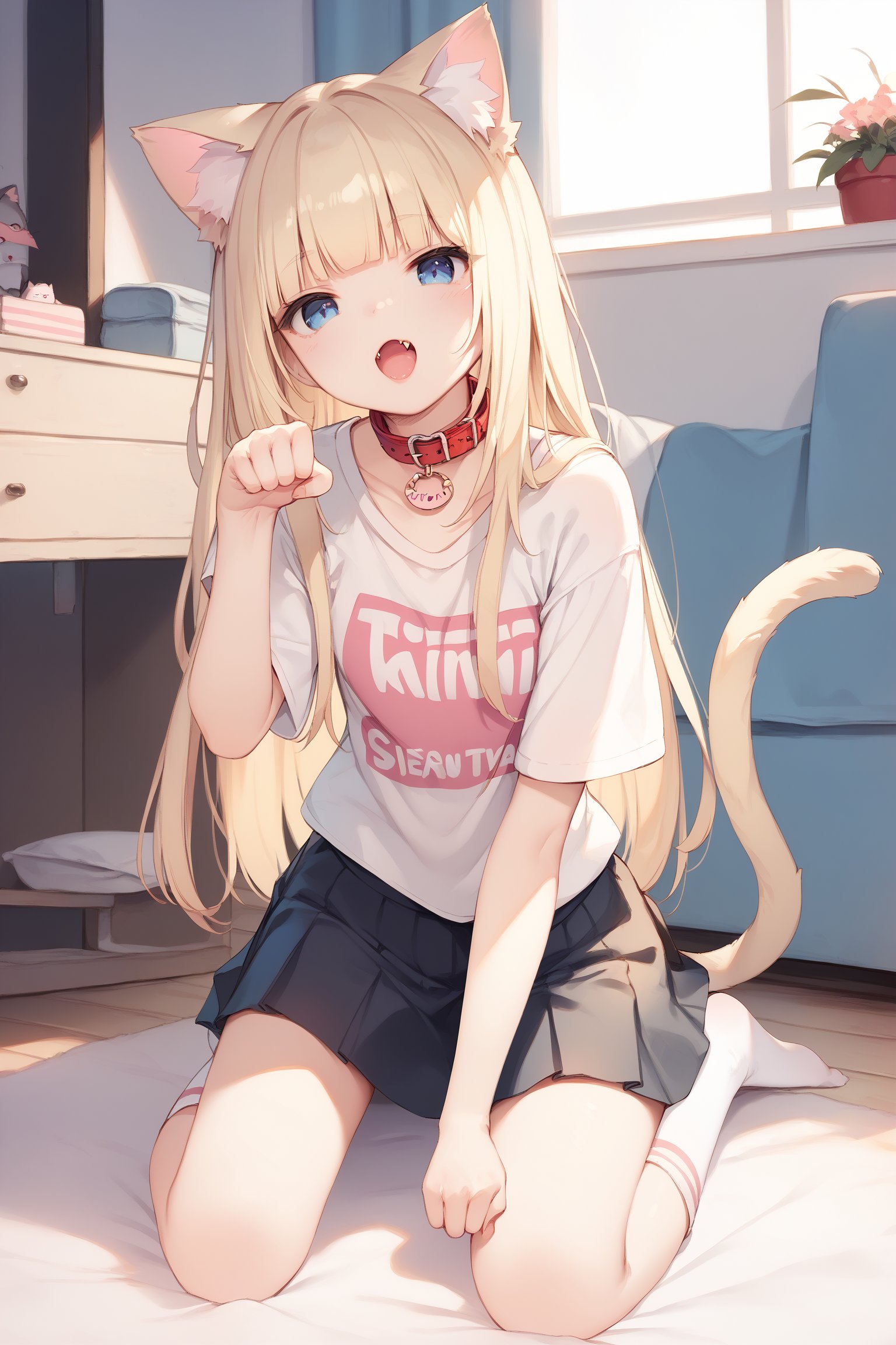 score_9,score_8_up,score_7_up,ClrSkt, 1girl, :o, animal collar, animal ear fluff, animal ears, socks, blonde hair, blue eyes, blunt bangs, cat ears, cat girl, cat tail, clothes writing, collar, fang, kneeling, long hair, looking at viewer, open mouth, red collar, shirt, solo, t-shirt, tail, indoors, paw pose, skirt