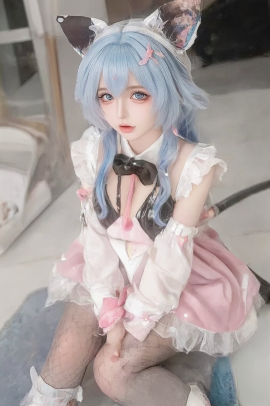 Animal ears,cat ears,male focus,apron,tail,cat tail,otoko no ko,open mouth,blue hair,solo,white hair,maid headdress,blue eyes,looking at viewer,wariza,hair ornament,cat boy,sitting,pale skin,bow,apron,far wide_shot hair eyes,far hair eyes,shiny pantyhose,