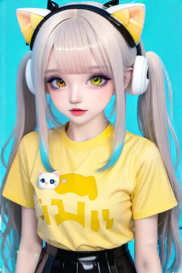 Taiwanese vtuber, Vietnamese,Thai,,1girl, beautiful cue character, beautiful  orange eyes, air bangs, lollipop punk fashion, cute cartoon ello kitty shaped shirt, cat earmuffs, pastel color clothes based on yellow and black , soft mood fashion, anime print shirt, shiny pantyhose, score_8, score_7_up, dal-7 style, blue mood, mood, modern art style, vspop, 3.5D three-dimensional style, illustration, ek_an1_b00ster