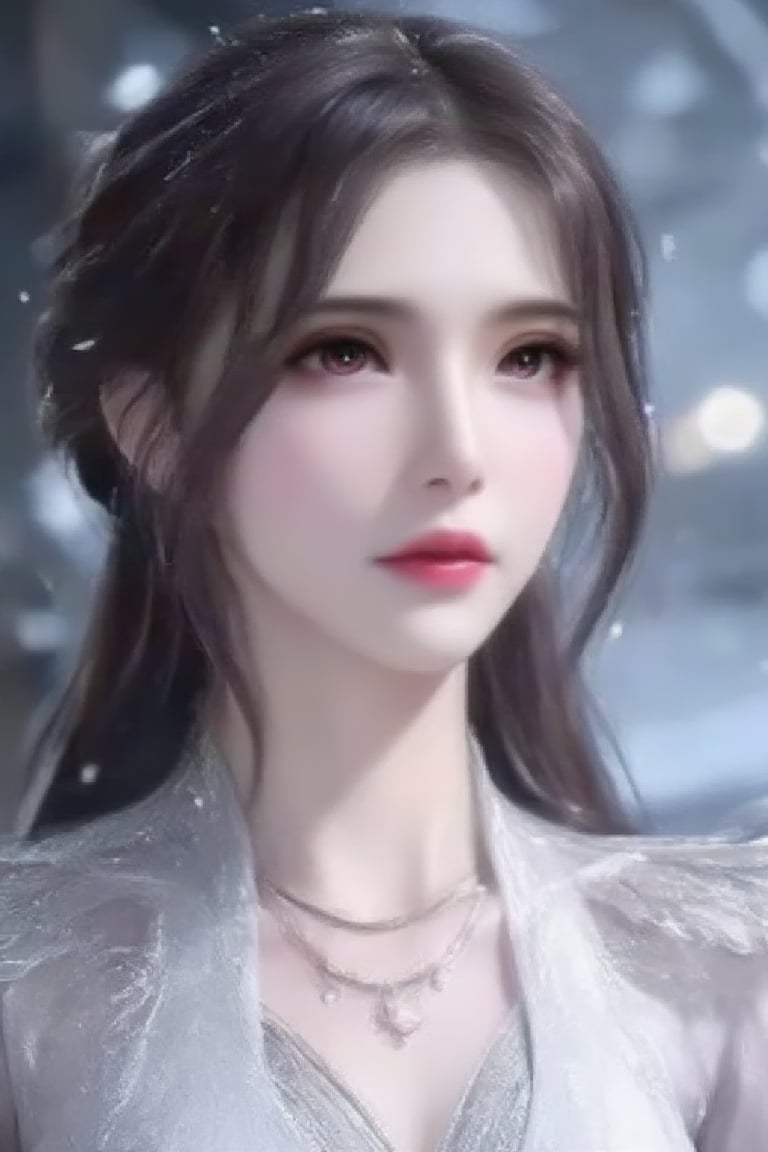 luoxue,snow,Softly falling snowflakes dance in the blurred background, framing a serene portrait of Luoxue. A close-up shot captures her delicate features: long dark brown hair cascading down her back, a gentle smile playing on her lips, and piercing blue eyes sparkling with warmth. She wears a pristine white dress adorned with intricate embroidery on the shoulders, complemented by a silver necklace and earrings that catch the subtle light. Her left hand rests on her hip, exuding confidence and poise as she stands amidst the winter wonderland.