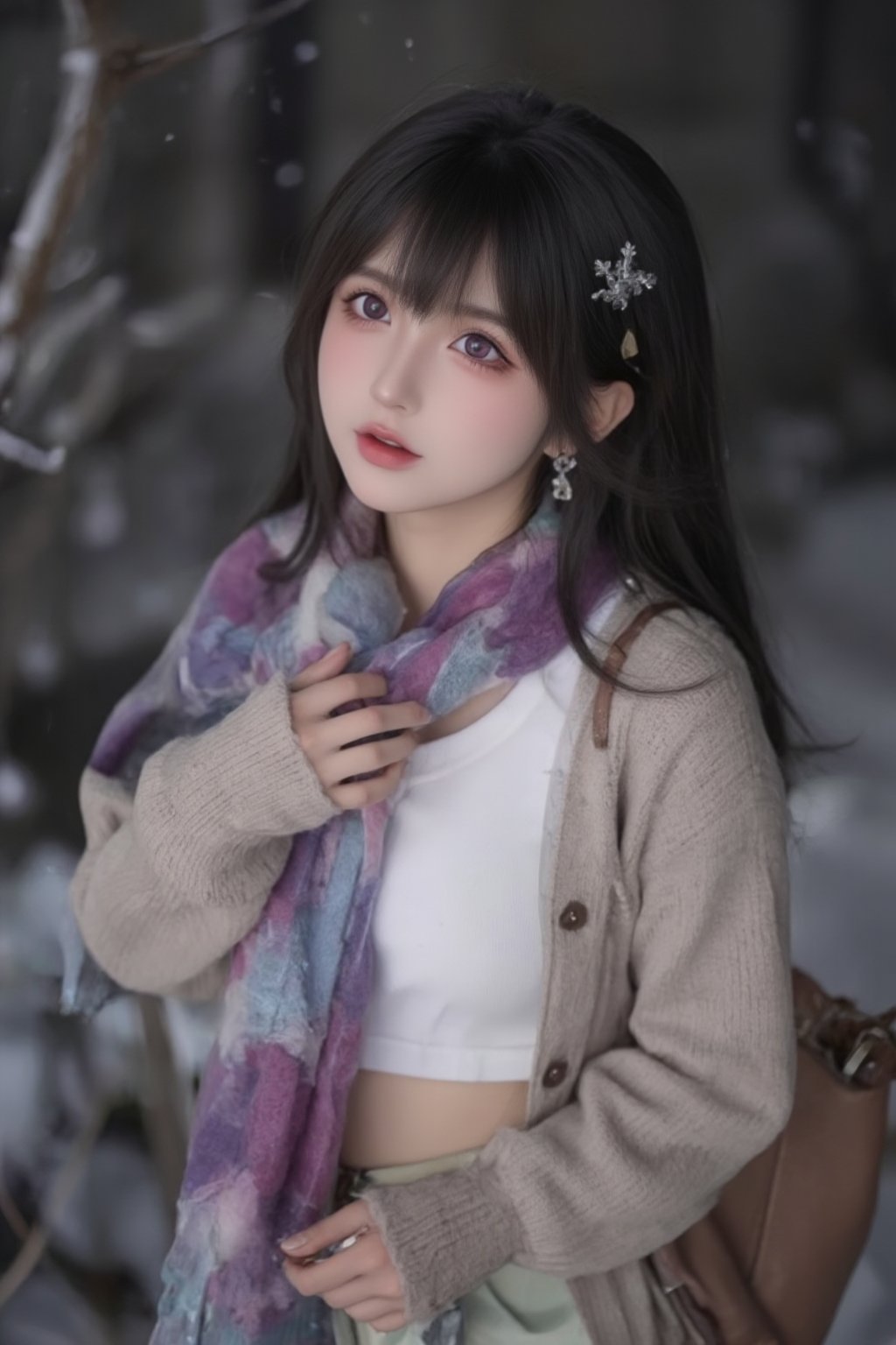 (masterpiece), (best quality), illustration, ultra detailed, hdr, Depth of field, (colorful),loli,[Artist:wlop],[[Artist:sheya]],Artist:hiten_(hitenkei),Artist:tokkyu, 1girl, scarf, solo, black hair, long hair, bag, looking up, hair ornament, snowflakes, long sleeves, snowing, hairclip, purple scarf, open clothes, parted lips, skirt, cardigan, outdoors, blurry, night, blush, upper body, sweater, purple eyes, breath, shoulder bag, pink eyes, shirt, earrings, blurry background, white shirt, hair between eyes