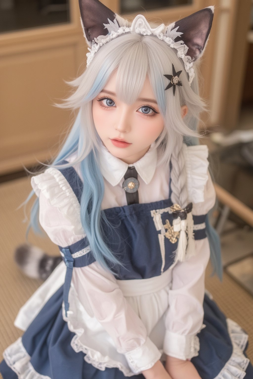 Animal ears,cat ears,male focus,apron,tail,cat tail,otoko no ko,open mouth,blue hair,solo,white hair,maid headdress,blue eyes,looking at viewer,wariza,hair ornament,cat boy,sitting,pale skin,bow,apron,far wide_shot hair eyes,far hair eyes,