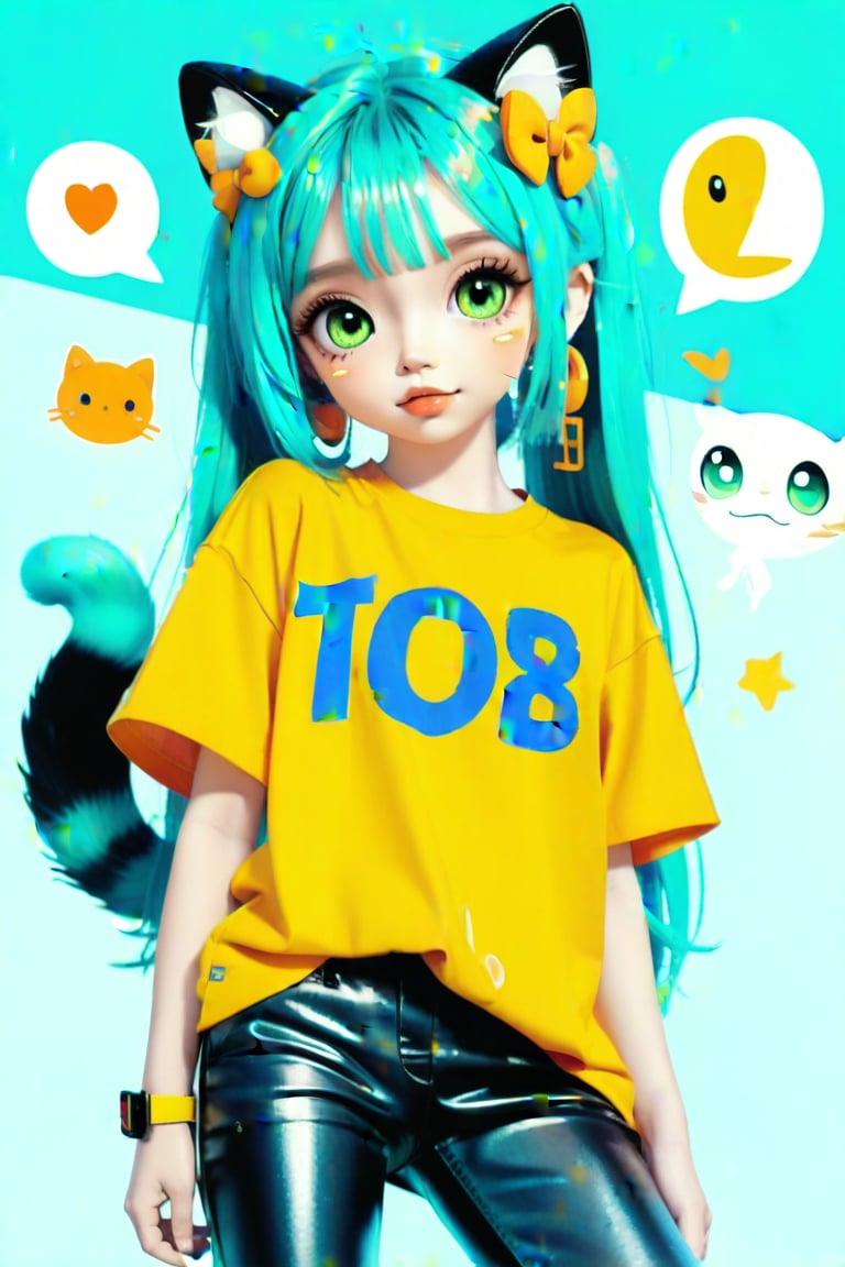 Taiwanese vtuber, Vietnamese,Thai,,1girl, beautiful cue character, beautiful green orange eyes, air bangs, lollipop punk fashion, cute cartoon ello kitty shaped t shirt, cat earmuffs, pastel color clothes based on yellow and black , soft mood fashion, anime print shirt, shiny pantyhose, score_8, score_7_up, dal-7 style, blue mood, mood, modern art style, vspop, 3.5D three-dimensional style, illustration, ek_an1_b00ster,bow,cowboy_shot,