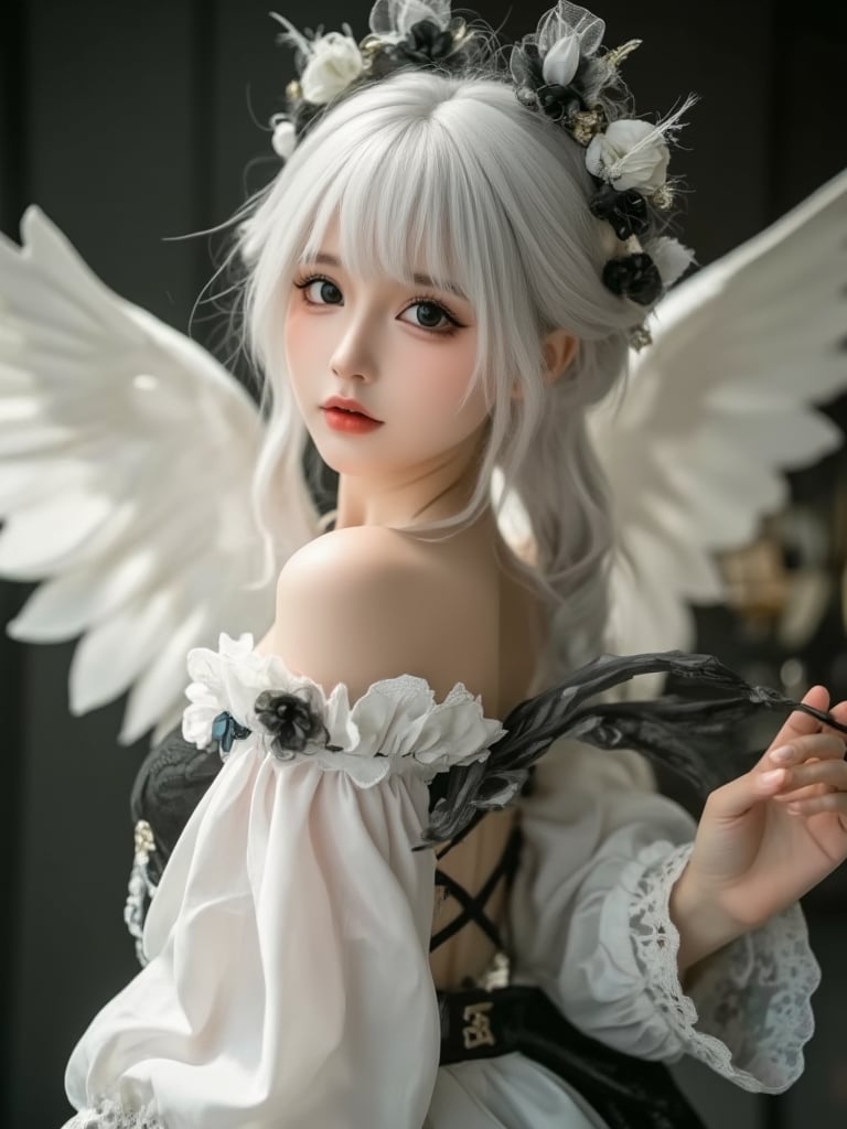 huihui,(The girl looks , the girl has white wings, white hair, white clothes, light halo, and a white color tone. Inside the mirror, the girl has black wings, black hair, black clothes, light halo, and a black color tone of 1.5.) (Symmetry:1.3),cute,black and white **********,European style gorgeous and complex mirror,(6 years old.) Q-version,doll face,3 head body,ancient spirit and quirky,red lips:1.3),exquisite makeup,(selected perspective:1.5),(scattered feathers:1.3),(scattered small light particles:1.2),overexposed,off shoulder,floral hair,dress,fluffy long sleeves,fluffy sleeves,rose petals,mandala,chaotic,radial,streamlined,typographic art,multicolored pupil space,high exposure,exquisite headwear,dressed in formal attire,looking at the audience,feathers,gorgeous,looking at the audience,flowing hair,random beams,spots,strong light,exposed Back beam,dreamy light and shadow,backlight,ultra-high saturation,masterpiece,best quality,detailed details,high contrast,ultra-high definition,8K,wallpaper,duble eyelid,makeup,big eyes,