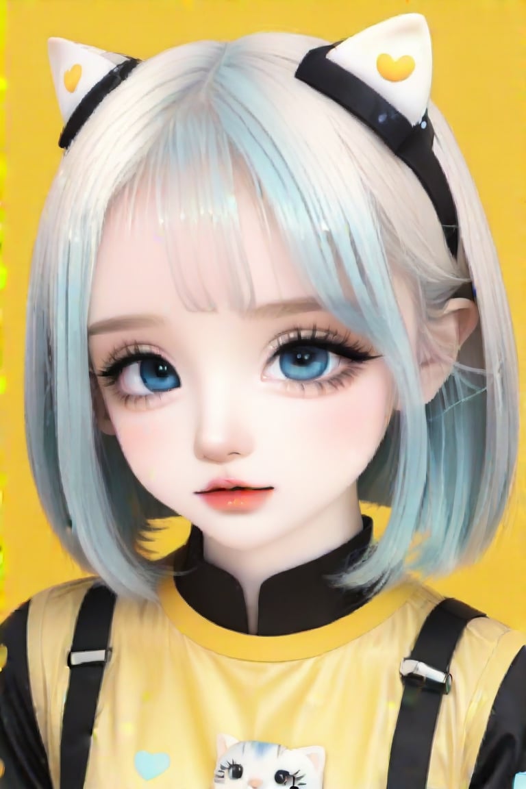 Taiwanese vtuber, Vietnamese,Thai,,1girl, beautiful cue character, beautiful  orange eyes, air bangs, lollipop punk fashion, cute cartoon ello kitty shaped shirt, cat earmuffs, pastel color clothes based on yellow and black , soft mood fashion, anime print shirt, shiny pantyhose, score_8, score_7_up, dal-7 style, blue mood, mood, modern art style, vspop, 3.5D three-dimensional style, illustration, ek_an1_b00ster