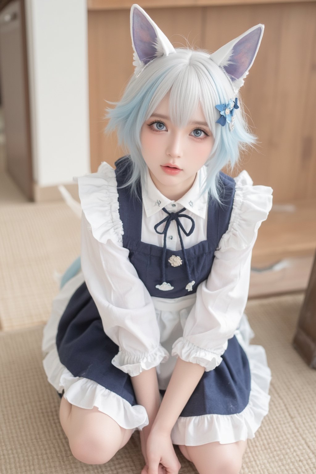 Animal ears,cat ears,male focus,apron,tail,cat tail,otoko no ko,open mouth,blue hair,solo,white hair,maid headdress,blue eyes,looking at viewer,wariza,hair ornament,cat boy,sitting,pale skin,bow,apron,far wide_shot hair eyes,far hair eyes,