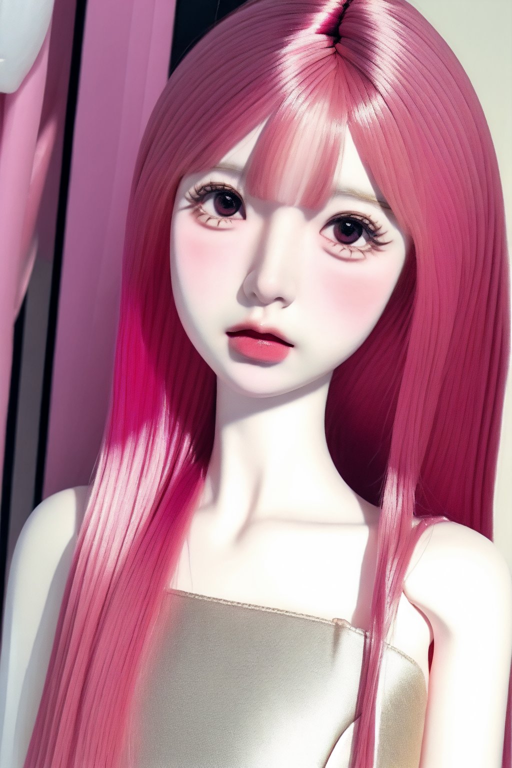 a cute doll, cyan pink hair, long gold and white dress ocean cliff, detailed face, vines, stars, ((surrealism)), (abstract), intricately detailed   art triadic colors, fantastical, splash screen, fantasy high magic concept art, 8k resolution, (masterpiece), oil painting, heavy strokes, HW*,long hair ,hair bangs are above the eyebrows,pink lips,no bang,Narin,beautyniji,1girl,women,girl,realistic,EpicDoll,pink lips,EpicMakeup,short neck,cute face,