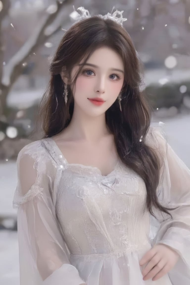 luoxue,snow,Softly falling snowflakes dance in the blurred background, framing a serene portrait of Luoxue. A close-up shot captures her delicate features: long dark brown hair cascading down her back, a gentle smile playing on her lips, and piercing blue eyes sparkling with warmth. She wears a pristine white dress adorned with intricate embroidery on the shoulders, complemented by a silver necklace and earrings that catch the subtle light. Her left hand rests on her hip, exuding confidence and poise as she stands amidst the winter wonderland.