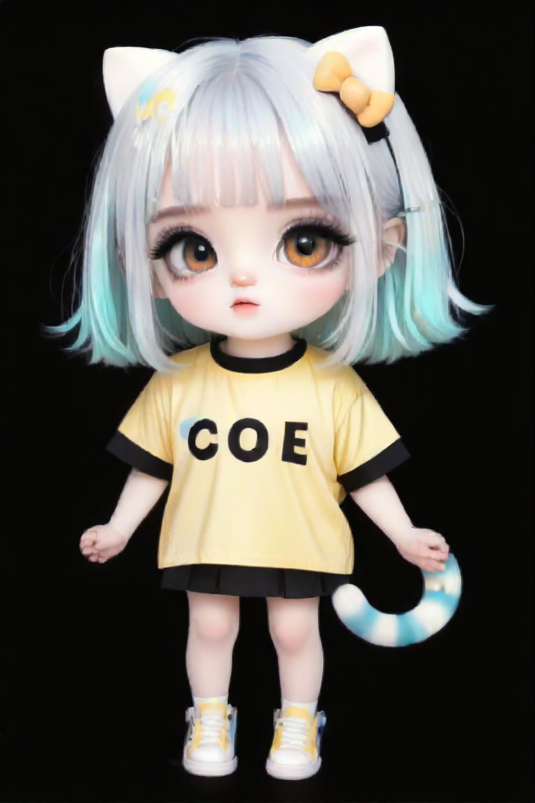 Taiwanese vtuber, Vietnamese,Thai,,1girl, beautiful cue character, beautiful  orange eyes, air bangs, lollipop punk fashion, cute cartoon ello kitty shaped shirt, cat earmuffs, pastel color clothes based on yellow and black , soft mood fashion, anime print shirt, shiny pantyhose, score_8, score_7_up, dal-7 style, blue mood, mood, modern art style, vspop, 3.5D three-dimensional style, illustration, ek_an1_b00ster