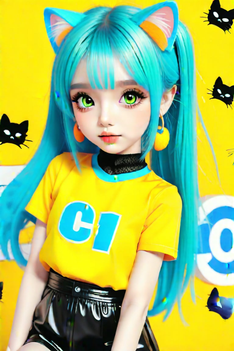 Taiwanese vtuber, Vietnamese,Thai,,1girl, beautiful cue character, beautiful green orange eyes, air bangs, lollipop punk fashion, cute cartoon ello kitty shaped shirt, cat earmuffs, pastel color clothes based on yellow and black , soft mood fashion, anime print shirt, shiny pantyhose, score_8, score_7_up, dal-7 style, blue mood, mood, modern art style, vspop, 3.5D three-dimensional style, illustration, ek_an1_b00ster