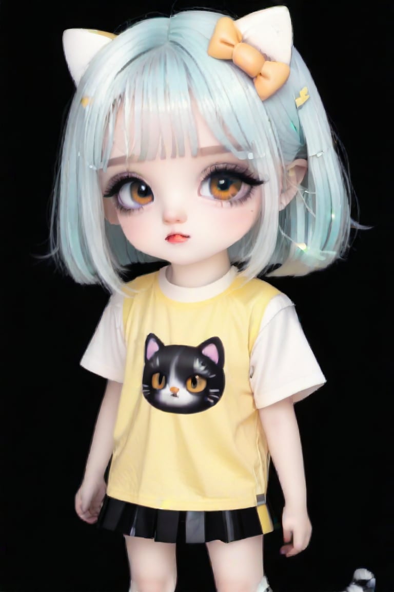 Taiwanese vtuber, Vietnamese,Thai,,1girl, beautiful cue character, beautiful  orange eyes, air bangs, lollipop punk fashion, cute cartoon ello kitty shaped shirt, cat earmuffs, pastel color clothes based on yellow and black , soft mood fashion, anime print shirt, shiny pantyhose, score_8, score_7_up, dal-7 style, blue mood, mood, modern art style, vspop, 3.5D three-dimensional style, illustration, ek_an1_b00ster