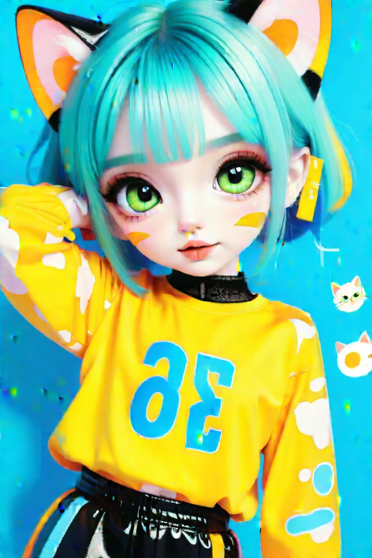 Taiwanese vtuber, Vietnamese,Thai,,1girl, beautiful cue character, beautiful green orange eyes, air bangs, lollipop punk fashion, cute cartoon ello kitty shaped shirt, cat earmuffs, pastel color clothes based on yellow and black , soft mood fashion, anime print shirt, shiny pantyhose, score_8, score_7_up, dal-7 style, blue mood, mood, modern art style, vspop, 3.5D three-dimensional style, illustration, ek_an1_b00ster