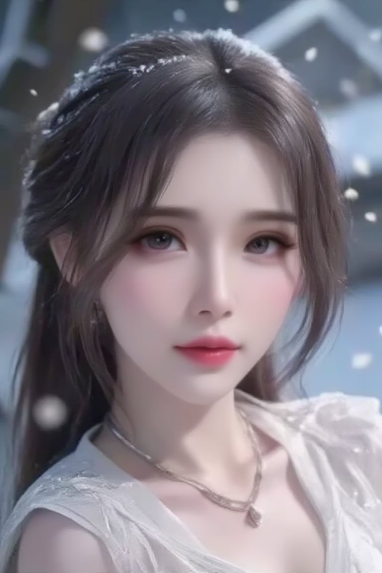 luoxue,snow,Softly falling snowflakes dance in the blurred background, framing a serene portrait of Luoxue. A close-up shot captures her delicate features: long dark brown hair cascading down her back, a gentle smile playing on her lips, and piercing blue eyes sparkling with warmth. She wears a pristine white dress adorned with intricate embroidery on the shoulders, complemented by a silver necklace and earrings that catch the subtle light. Her left hand rests on her hip, exuding confidence and poise as she stands amidst the winter wonderland.