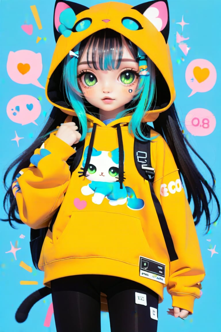 Taiwanese vtuber, Vietnamese,Thai,,1girl, beautiful cue character, beautiful green orange eyes, air bangs, lollipop punk fashion, cute cartoon ello kitty shaped hoodie, cat earmuffs, pastel color clothes based on yellow and black , soft mood fashion, anime print shirt, shiny pantyhose, score_8, score_7_up, dal-7 style, blue mood, mood, modern art style, vspop, 3.5D three-dimensional style, illustration, ek_an1_b00ster,bow,