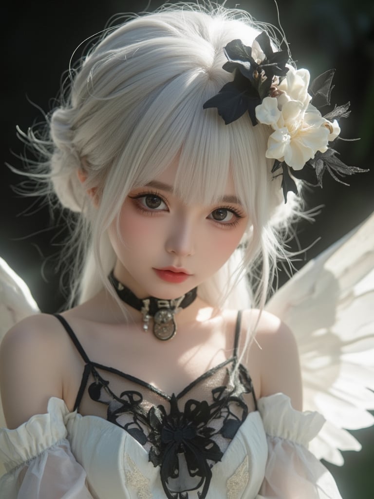 huihui,(The girl looks , the girl has white wings, white hair, white clothes, light halo, and a white color tone.  black hair, black clothes, light halo, and a black color tone of 1.5.) (Symmetry:1.3),cute,black and white **********,European style gorgeous and complex mirror,(6 years old.) Q-version,doll face,3 head body,ancient spirit and quirky,red lips:1.3),exquisite makeup,(selected perspective:1.5),(scattered feathers:1.3),(scattered small light particles:1.2),overexposed,off shoulder,floral hair,dress,fluffy long sleeves,fluffy sleeves,rose petals,mandala,chaotic,radial,streamlined,typographic art,multicolored pupil space,high exposure,exquisite headwear,dressed in formal attire,looking at the audience,feathers,gorgeous,looking at the audience,flowing hair,random beams,spots,strong light,exposed Back beam,dreamy light and shadow,backlight,ultra-high saturation,masterpiece,best quality,detailed details,high contrast,ultra-high definition,8K,wallpaper,duble eyelid,makeup,big eyes,