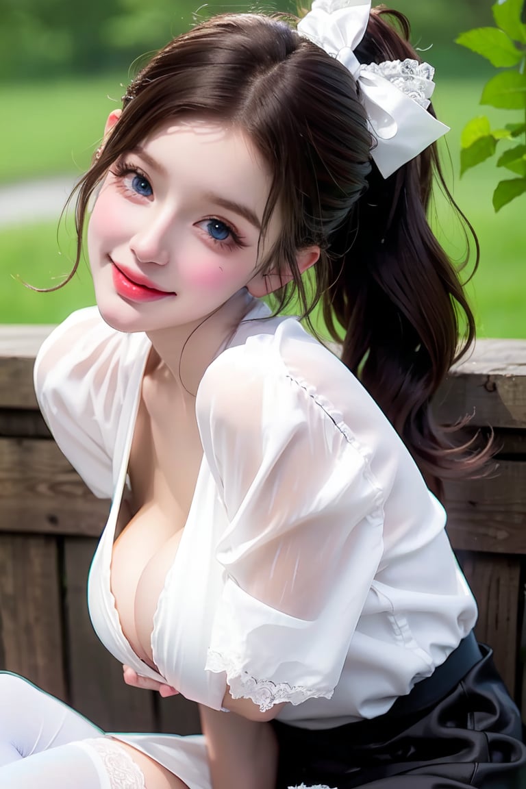 1girl, long wavy hair, blue eyes, thighhighs, looking at viewer, white thighhighs, sitting, bow, , dress, cherry, hair bow, blush, lips,  parted lips, facial mark,  lace, smile, frills,holding,  ribbon, lace trim,best quality, highly detailed, extremely detailed cg unity 8k , depth of field, cute girl, beautiful face, teenager, (sagging huge breasts), heavy breathing, (ahegao:0.4), tongue out, aroused face, blush, wet skin, dark brown hair, low ponytail hair, huge eyes, bondage, vaginal rape, bust shot,
 wet tongue out ,portrait,Hot ,shiny black pantyhose,Camisole dress