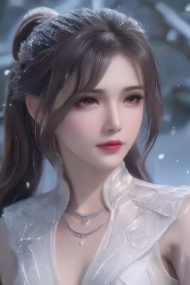 luoxue,snow,Softly falling snowflakes dance in the blurred background, framing a serene portrait of Luoxue. A close-up shot captures her delicate features: long dark brown hair cascading down her back, a gentle smile playing on her lips, and piercing blue eyes sparkling with warmth. She wears a pristine white dress adorned with intricate embroidery on the shoulders, complemented by a silver necklace and earrings that catch the subtle light. Her left hand rests on her hip, exuding confidence and poise as she stands amidst the winter wonderland.