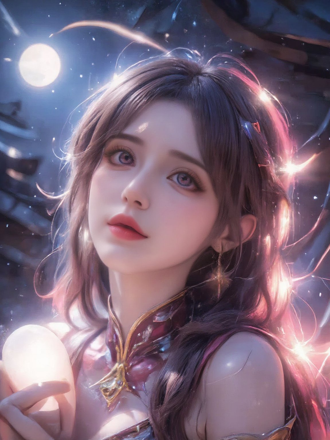 In a dreamlike scene, a woman embodying the Chang'e beauty stands out against a vibrant, fluorescent background teeming with stars. Her clean and beautiful face radiates serenity as she wears a kaleidoscope of colors that seem to shift and shimmer in harmony with the celestial bodies above. She holds a white  close to her heart, while the glowing moon casts an ethereal light on the entire composition.