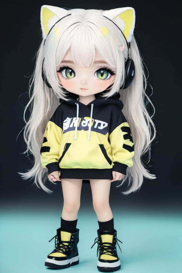 Taiwanese vtuber, 1girl, beautiful anime character, beautiful green eyes, air bangs, lollipop punk fashion, cute cartoon ello kitty shaped hoodie, cat earmuffs, pastel color clothes based on yellow and black , soft mood fashion, anime print shirt, gothic style tights, long combat boots, score_8, score_7_up, dal-7 style, blue mood, mood, modern art style, vspop, 2.5D three-dimensional style, illustration, ek_an1_b00ster