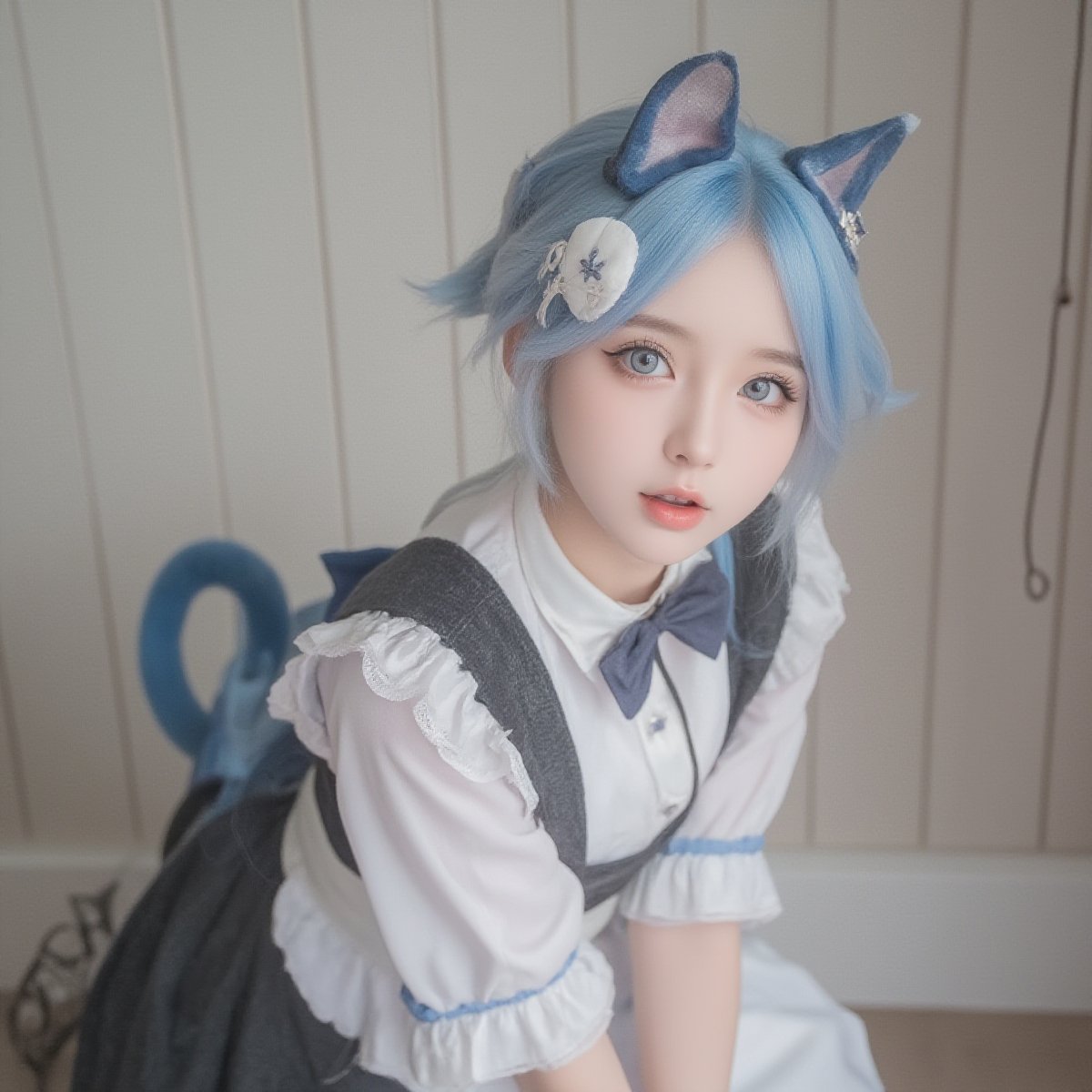 Animal ears,cat ears,male focus,apron,tail,cat tail,otoko no ko,open mouth,blue hair,solo,white hair,maid headdress,blue eyes,looking at viewer,wariza,hair ornament,cat boy,sitting,pale skin,bow,apron,far wide_shot hair eyes,far hair eyes,