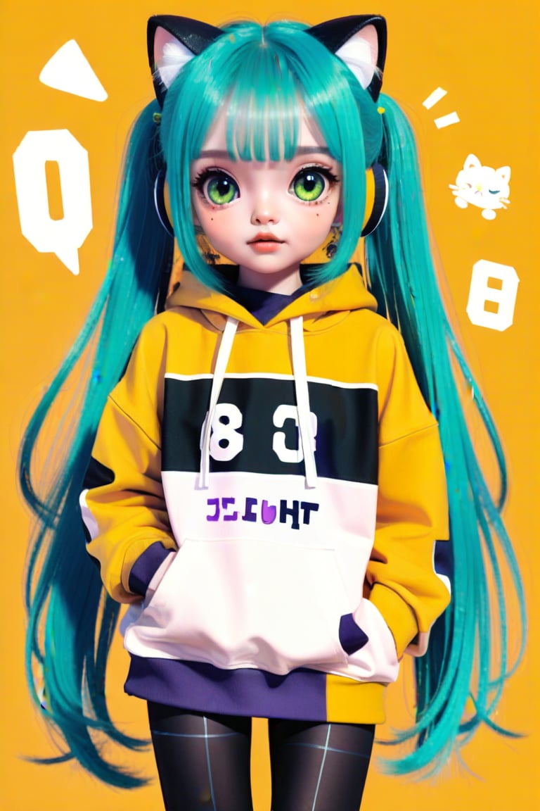 Taiwanese vtuber, Vietnamese,Thai,,1girl, beautiful cue character, beautiful green orange eyes, air bangs, lollipop punk fashion, cute cartoon ello kitty shaped hoodie, cat earmuffs, pastel color clothes based on yellow and black , soft mood fashion, anime print shirt, shiny pantyhose, score_8, score_7_up, dal-7 style, blue mood, mood, modern art style, vspop, 3.5D three-dimensional style, illustration, ek_an1_b00ster,bow,