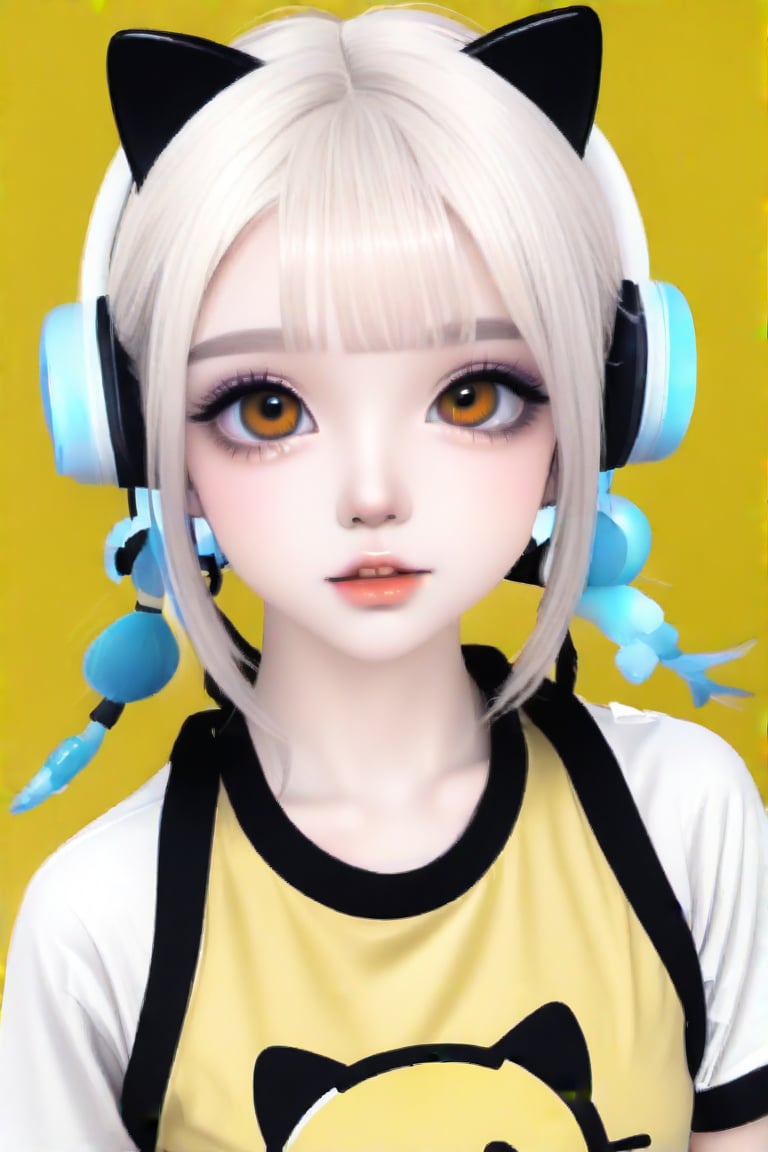 Taiwanese vtuber, Vietnamese,Thai,,1girl, beautiful cue character, beautiful  orange eyes, air bangs, lollipop punk fashion, cute cartoon ello kitty shaped shirt, cat earmuffs, pastel color clothes based on yellow and black , soft mood fashion, anime print shirt, shiny pantyhose, score_8, score_7_up, dal-7 style, blue mood, mood, modern art style, vspop, 3.5D three-dimensional style, illustration, ek_an1_b00ster