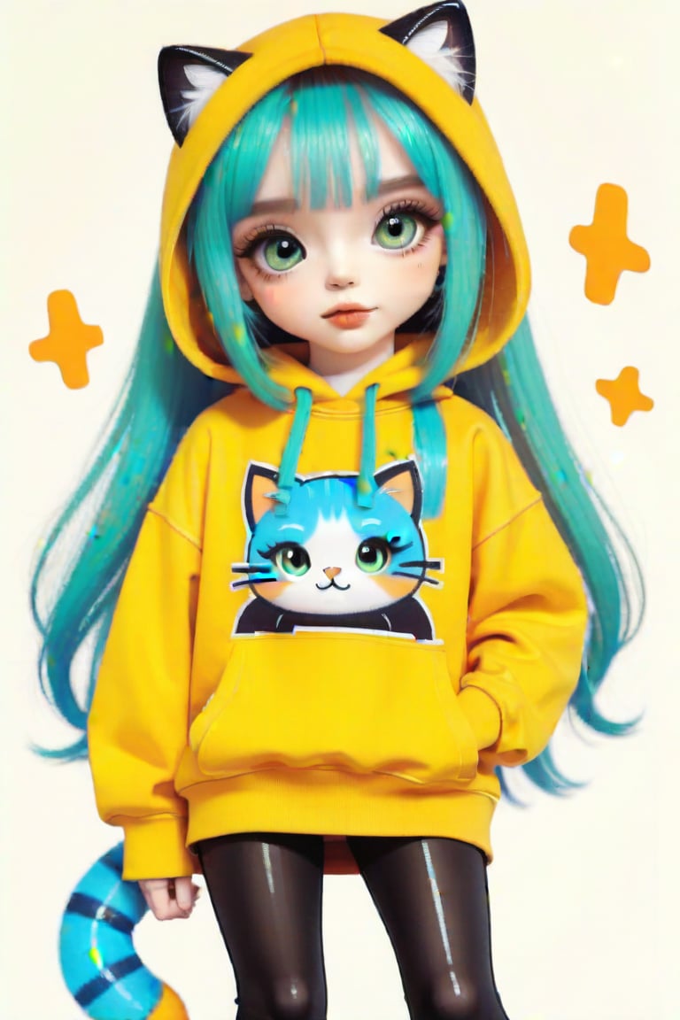 Taiwanese vtuber, Vietnamese,Thai,,1girl, beautiful cue character, beautiful green orange eyes, air bangs, lollipop punk fashion, cute cartoon ello kitty shaped hoodie, cat earmuffs, pastel color clothes based on yellow and black , soft mood fashion, anime print shirt, shiny pantyhose, score_8, score_7_up, dal-7 style, blue mood, mood, modern art style, vspop, 3.5D three-dimensional style, illustration, ek_an1_b00ster