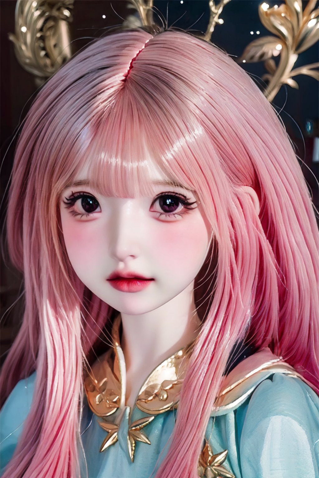 a cute doll, cyan pink hair, long gold and white dress ocean cliff, detailed face, vines, stars, ((surrealism)), (abstract), intricately detailed   art triadic colors, fantastical, splash screen, fantasy high magic concept art, 8k resolution, (masterpiece), oil painting, heavy strokes, HW*,long hair ,hair bangs are above the eyebrows,pink lips,no bang,Narin,beautyniji,1girl,women,girl,realistic,EpicDoll,pink lips,EpicMakeup,short neck,cute face,