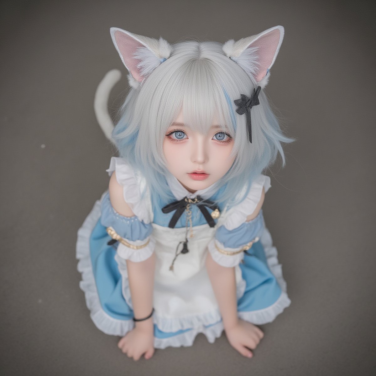 Animal ears,cat ears,male focus,apron,tail,cat tail,otoko no ko,open mouth,blue hair,solo,white hair,maid headdress,blue eyes,looking at viewer,wariza,hair ornament,cat boy,sitting,pale skin,bow,apron,far wide_shot hair eyes,far hair eyes,